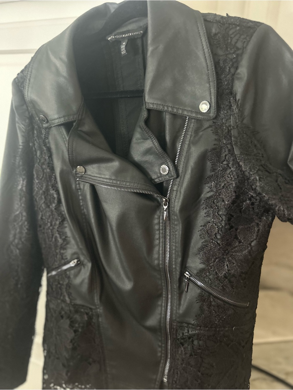 White House Black Market Black Faux Leather Moto Jacket with Lace Panels